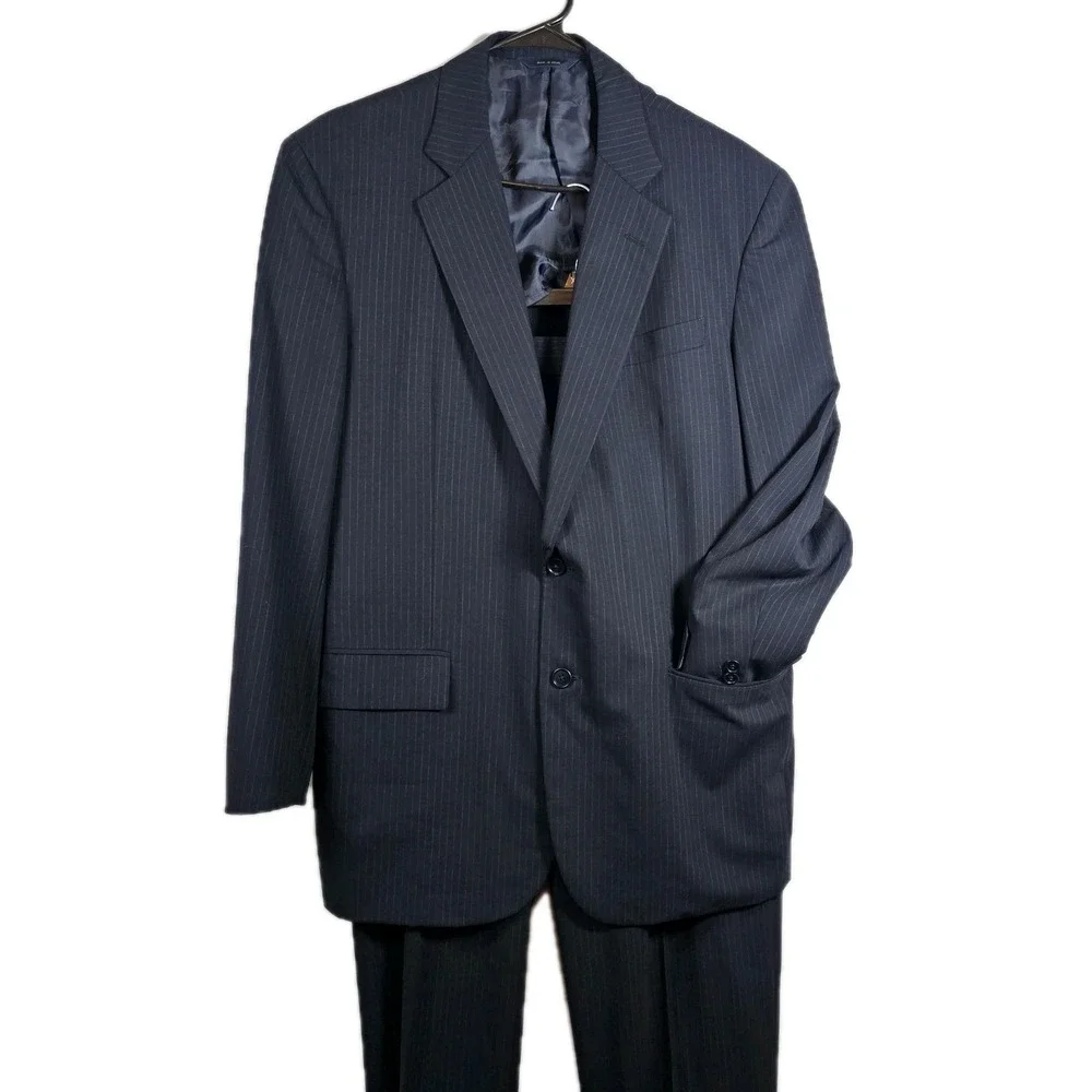 Brooks Brothers Wool Blazer Pants Suit Men 41R Navy 38 Waist Pinstripe Office‎